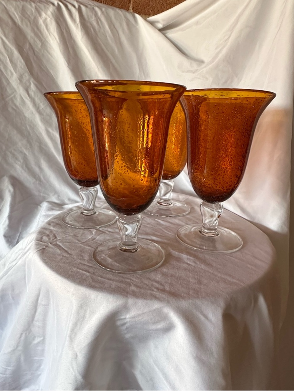 Set of 4 Vintage Mid-century Amber
Bubble Hand Blown Glass
Water Goblets
